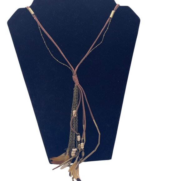Target Brown Chains Feather Beads Southwestern Boho Necklace 28” Long Layered - Picture 5 of 10